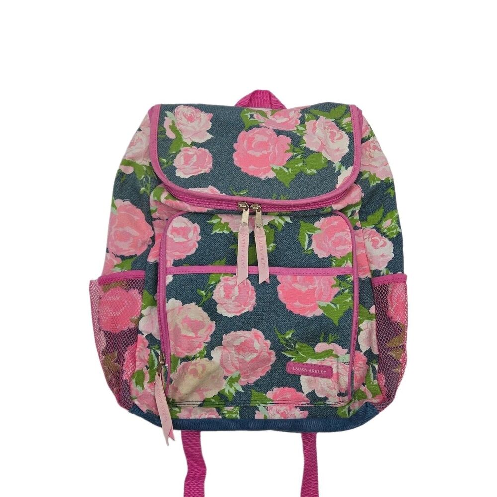 Laura Ashley Backpack Tote Book Bag Pink Blue Floral Cotton Canvas 17"x15" Large